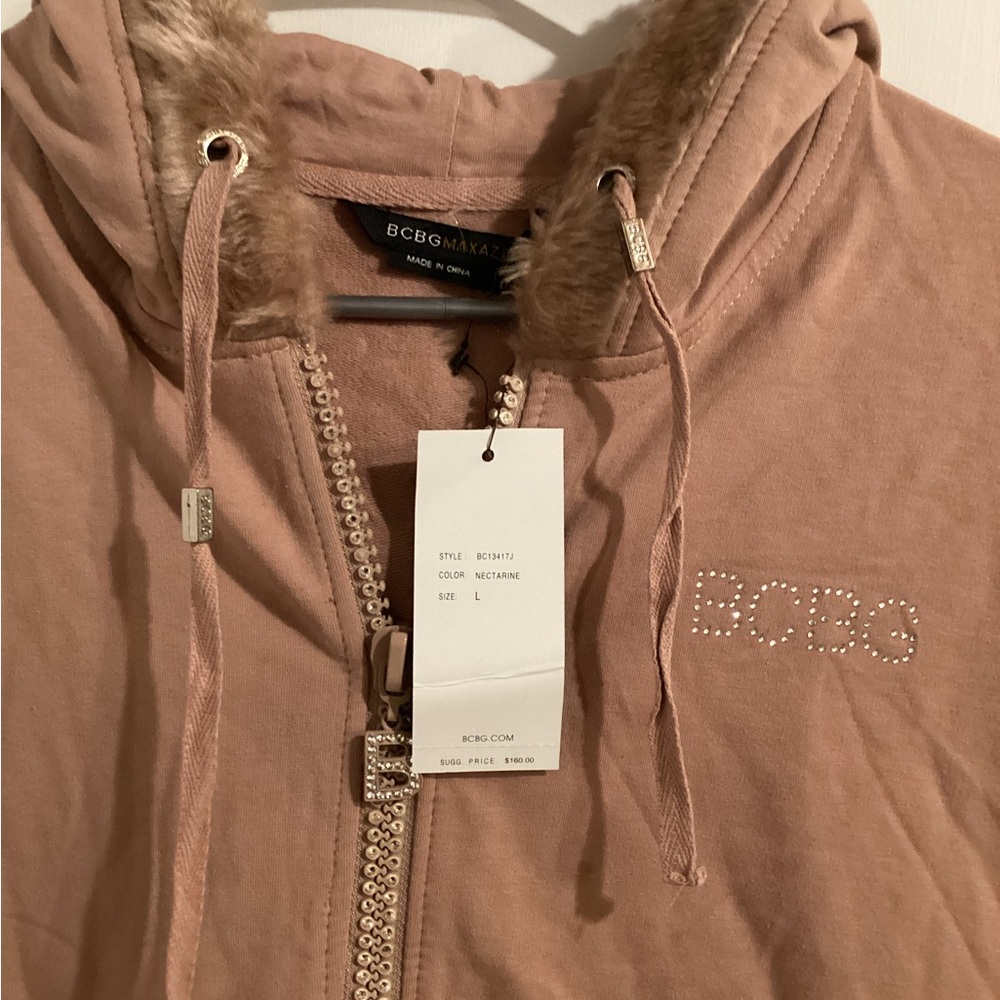 BCBGMaxAzria Beige Hoodie with Faux Fur Trim